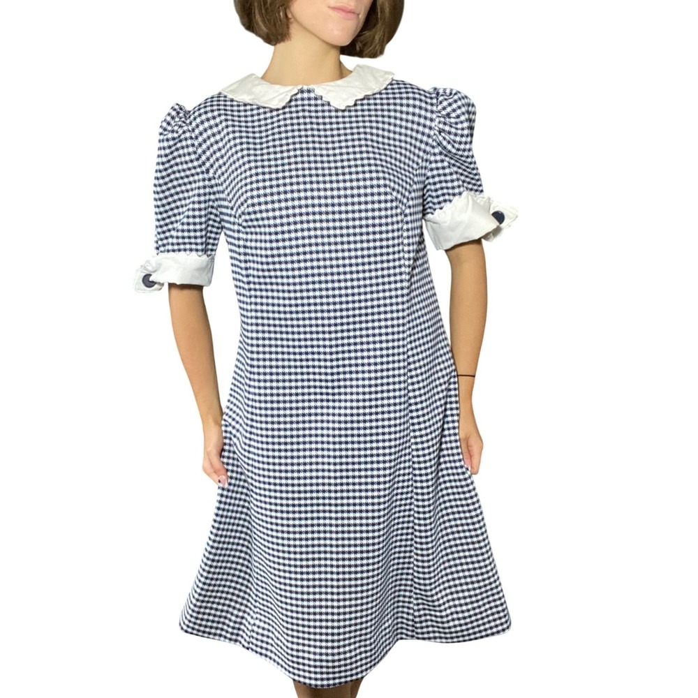 Handmade Vintage Navy White Houndstooth Scalloped Collar Dress Kitschy Mod - M/L - Picture 4 of 12